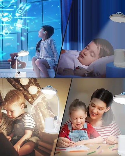 LED Desk Lamp for Kids, Astronaut cute Small Desk Lamp with USB Charging Port, Pen Holder, projection night lights for kids, White desk Lamp, Eye-Caring Study Table Lamp for boys Bedroom - LeafyLoom