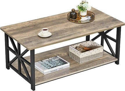 GreenForest Coffee Table for Living Room with Round Corners Farmhouse Style Center Table with Storage Shelf 39 Inch Space Saving Easy Assembly Gray Wash - LeafyLoom