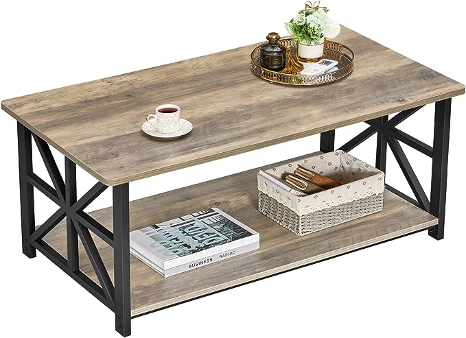 GreenForest Coffee Table for Living Room with Round Corners Farmhouse Style Center Table with Storage Shelf 39 Inch Space Saving Easy Assembly Gray Wash - LeafyLoom