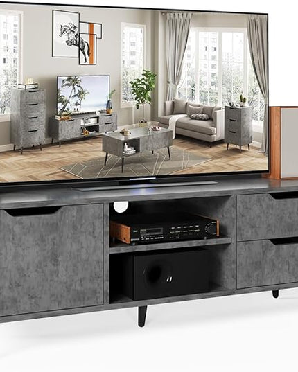 Maxtown TV Stands for Living Room, TV Console Table for 55 Inch TV, Entertainment Center with 1 Cabinet, 2 drawers, Media Console with Metal Feet for Bedroom, Living Room, Dark Grey - LeafyLoom