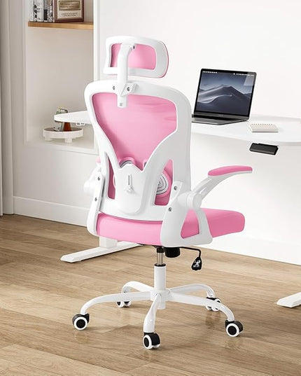 Farini Ergonomic Office Chair, Home Office Desk Chair with Headrest, High Back Computer Chair with Flip-up Armrests and Adjustable Lumbar Support for Home Office Study Room Bedroom, Pink. - LeafyLoom