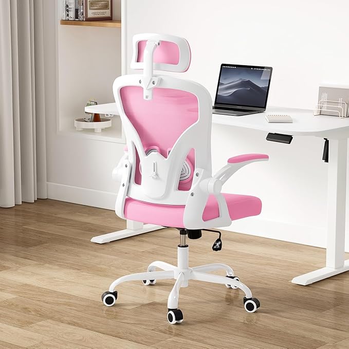Farini Ergonomic Office Chair, Home Office Desk Chair with Headrest, High Back Computer Chair with Flip-up Armrests and Adjustable Lumbar Support for Home Office Study Room Bedroom, Pink. - LeafyLoom
