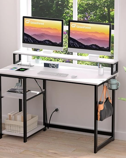 GreenForest Computer Desk with USB Charging Port and Power Outlet, Reversible Home Office Desk with Monitor Stand Storage Shelves for Small Space,47 in Work Desk with Cup Holder Hook,White - LeafyLoom