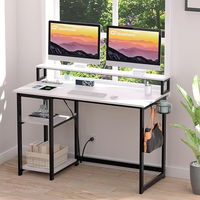GreenForest Computer Desk with USB Charging Port and Power Outlet, Reversible Home Office Desk with Monitor Stand Storage Shelves for Small Space,47 in Work Desk with Cup Holder Hook,White - LeafyLoom