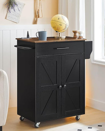 HOOBRO Kitchen Island with Power Outlet, Kitchen Storage Island with Large Worktop, Spice Rack and Drawer, Rolling Kitchen Cart on Wheels, for Kitchen and Dining Room, Rustic Brown and Black BF88UZD01 - LeafyLoom