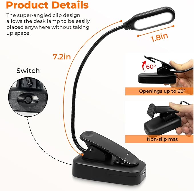 2 Pack Clip on Light with 360°Rotation, USB LED Reading Lights with Clamp, Flexible Gooseneck Reading Lamp Bedside Headboard Eye Protection Desk Lamp - LeafyLoom