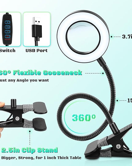 10X Magnifying Glass with Light, Clip on Mganifier with Light, 48 LED Desk Magnifying Glass wtih Clamp, 3 Modes Dimmable Magnifying LED Lamps for Bed Work Crafts DIY Repair - LeafyLoom