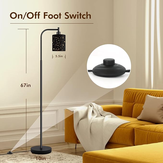 Industrial Floor Lamp, Modern Standing Lamps for Bedroom with 6W LED Bulb, Foot Switch, Farmhouse Floor Lamp with Decorative Lampshade, Metal Tall Stand up Light, Vintage Lamp for Living Room, Black - LeafyLoom