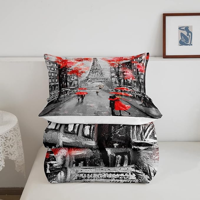 Eiffel Tower Comforter Set Full Size For Girls Women Romantic Paris Street Bedding Sweet Couple Lover Red Flowers Floral Quilted Duvet French Style Down Comforter Chic Paris Cityscape Comforter - LeafyLoom