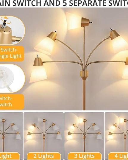FOLKSMATE LED Floor Lamp, Medusa Multi Head Modern Tall Standing Lamps, Adjustable Corner Reading Floor Light for Living Room, Bedroom, Kids Room, White and Colored Lampshades, Brass Gold - LeafyLoom