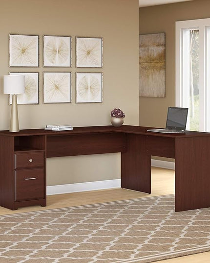 Bush Furniture L Shaped Desk with Drawers for Executive and Home Office | Cabot Collection Corner Table with Storage and Chrome Hardware Return, 72W, Harvest Cherry - LeafyLoom