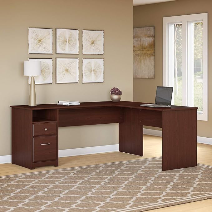 Bush Furniture L Shaped Desk with Drawers for Executive and Home Office | Cabot Collection Corner Table with Storage and Chrome Hardware Return, 72W, Harvest Cherry - LeafyLoom