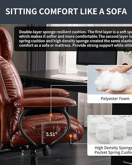 Office Chair Big and Tall, High Back Home Office Chair 400 lbs, Executive Desk Chair, Ergonomic Office Chair with Padded Armrest, Swivel Computer Chair PU Leather (Brown) - LeafyLoom