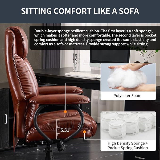 Office Chair Big and Tall, High Back Home Office Chair 400 lbs, Executive Desk Chair, Ergonomic Office Chair with Padded Armrest, Swivel Computer Chair PU Leather (Brown) - LeafyLoom