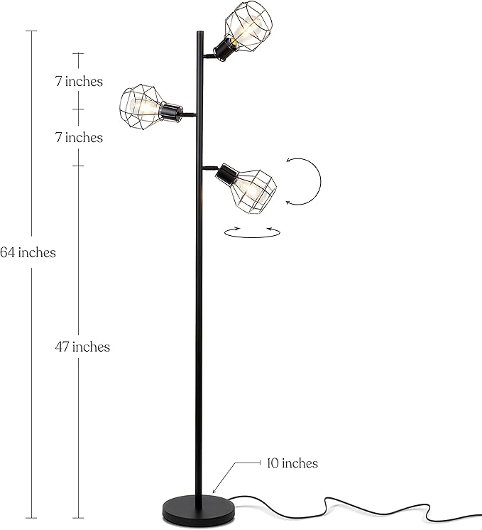 Brightech Robin LED Floor Lamp, Industrial Tree Lamp for Living Rooms & Offices, Tall Lamp with 3 Cages Heads & Vintage Edison Bulbs, Rustic Standing Lamp for Reading, and Tall Lamp for Crafts - Black - LeafyLoom