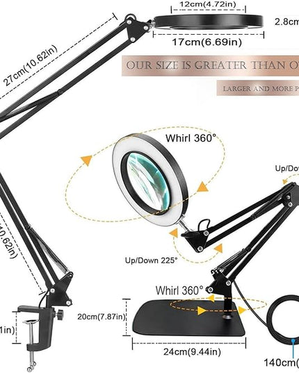 Magnifying Glass with Light and Stand, Desk Lamp with 10X Magnifying, 3 Color Modes, Dimmable Swivel Arm Magnifier Light for Crafts Workbench - LeafyLoom