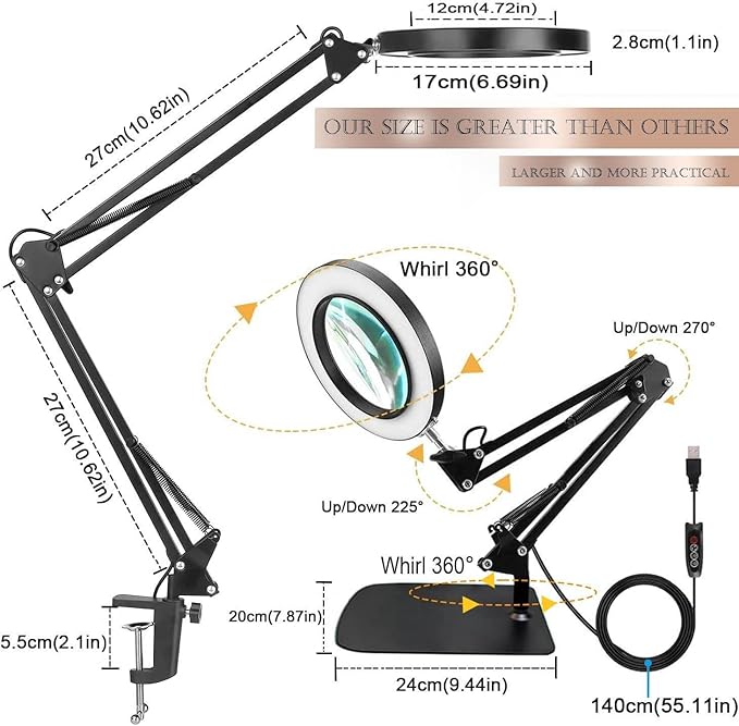 Magnifying Glass with Light and Stand, Desk Lamp with 10X Magnifying, 3 Color Modes, Dimmable Swivel Arm Magnifier Light for Crafts Workbench - LeafyLoom