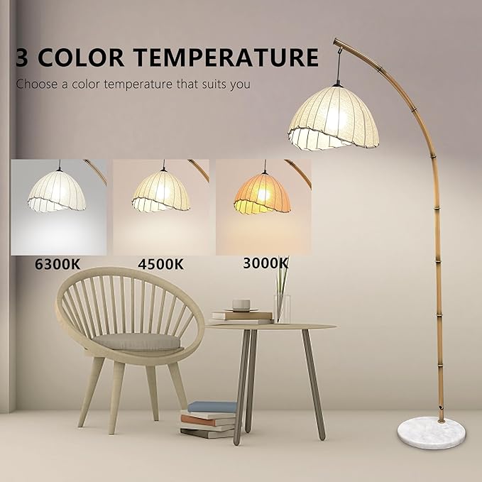 Bamboo Floor Lamp, Boho Floor Lamps, Modern Tall Standing Lamps Retro Arc Floor Lamp for Living Room Restaurant Home Decorative, Fishing Floor Lamp(Trichromatic Light Change) - LeafyLoom