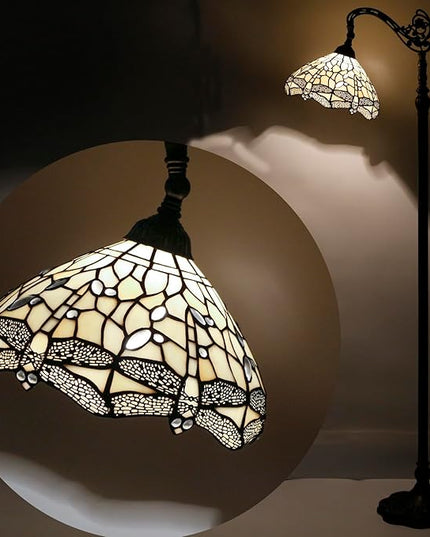 WERFACTORY Tiffany Floor Lamp Cream Stained Glass Dragonfly Arched Lamp 12X18X64 Inches Gooseneck Adjustable Corner Standing Reading Light Decor Bedroom Living Room S139 Series - LeafyLoom