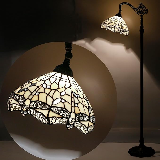 WERFACTORY Tiffany Floor Lamp Cream Stained Glass Dragonfly Arched Lamp 12X18X64 Inches Gooseneck Adjustable Corner Standing Reading Light Decor Bedroom Living Room S139 Series - LeafyLoom