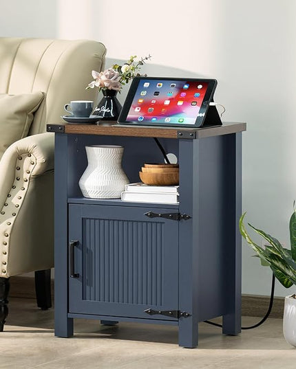 Night Stand with Charging Station and USB Port, 18 Inch Farmhouse Nightstand with Storage Shelf, Rustic Couch End Table with Magnetic Door, Wood Bed Side Tables for Bedroom, Home, Nayv Blue - LeafyLoom