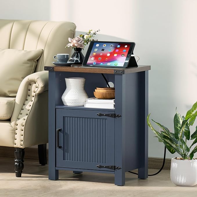 Night Stand with Charging Station and USB Port, 18 Inch Farmhouse Nightstand with Storage Shelf, Rustic Couch End Table with Magnetic Door, Wood Bed Side Tables for Bedroom, Home, Nayv Blue - LeafyLoom