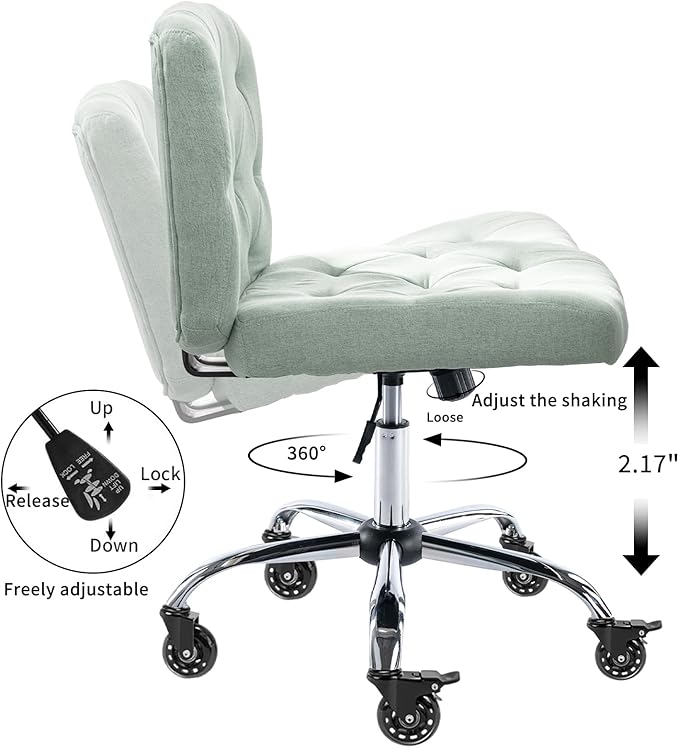 Criss Cross Chair with Wheels, Comfy Fabric Cross Legged Office Chair for Adult, Armless Wide Seat Desk Chair with Lumbar Pillow,Swivel Vanity Chair for Home Office, Conference (Sage Green) - LeafyLoom