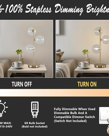 Mid Century Gold Globe Table Lamp Modern Golden Desk Reading Lamp Contemporary Brass Metal Nightstand Lamp with Clear Glass Shade Bedside Lamp for Bedroom Study Room Office MTL03-C - LeafyLoom