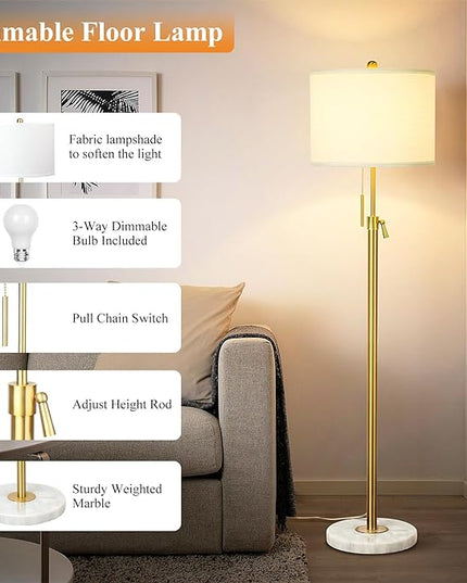 Modern Floor Lamp for Living Room, Adjustable Height Standing Lamp with Marble Base, 3-Way Dimmable Gold Brass Tall Pole Light with White Linen Shade for Reading, Bedroom, Chain Switch, Bulb Included - LeafyLoom