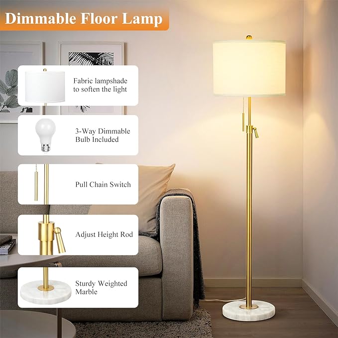 Modern Floor Lamp for Living Room, Adjustable Height Standing Lamp with Marble Base, 3-Way Dimmable Gold Brass Tall Pole Light with White Linen Shade for Reading, Bedroom, Chain Switch, Bulb Included - LeafyLoom