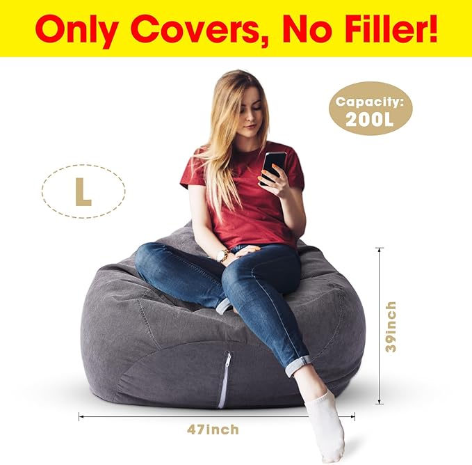 2 Pcs Bean Bag Cover Stuffed Animal Storage Bean Bag Chair Cover Soft Corduroy Stuffed Animal Bean Bag Storage for Kids Adults Indoor Bedroom Organizing Plush Toys(Dark Grey, 200L) - LeafyLoom