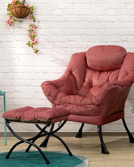 AcozyHom Fabric Lazy Chair with Foldable Ottoman, Accent Comfy Lounge Arm Chair and Folding Footrest Stool Set, Leisure Sofa Reading Chair and Footstool for Living Room, Bedroom, Dorm, Brick Red - LeafyLoom