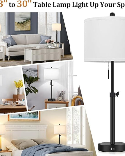 Table Lamp for Bedroom Set of 2, 23" to 30" Height Adjustable Bedside Lamp with 2 USB Ports, Black Nightstand Lamp with White Shade, Modern Pull Chain Table Lamp for Living Room End Table - LeafyLoom