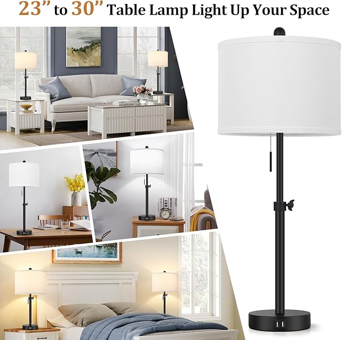 Table Lamp for Bedroom Set of 2, 23" to 30" Height Adjustable Bedside Lamp with 2 USB Ports, Black Nightstand Lamp with White Shade, Modern Pull Chain Table Lamp for Living Room End Table - LeafyLoom