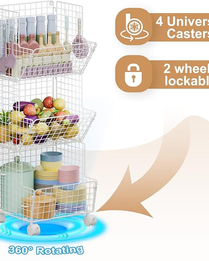 3 Tier Rolling Wire Toy Organizer Basket - with Wheel, S-Hooks, Toy Storage Cart Wall Bookshelf for Kids Room, Playroom, Bedroom (White, Standard) - LeafyLoom