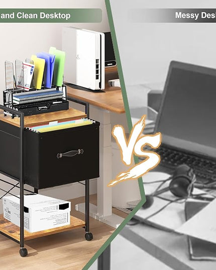 VECELO Vertical Filing Cabinet Set of 2, Rolling Printer Shelf with Handle, Suitable for Letter Size, Sturdy Steel Frame and Folding Fabric Drawer for Living Room/Bedroom/Hallway, Brown+Black - LeafyLoom