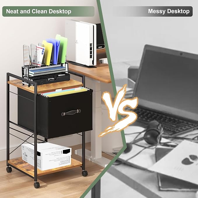 VECELO Vertical Filing Cabinet Set of 2, Rolling Printer Shelf with Handle, Suitable for Letter Size, Sturdy Steel Frame and Folding Fabric Drawer for Living Room/Bedroom/Hallway, Brown+Black - LeafyLoom