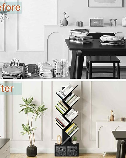 Vagusicc 6 Tier Tree Bookshelf - Modern Shelf Floor Standing Bookcase with Baskets, Tall Wood Book Storage Rack for Books/CDs, Tree Utility Book Organizer Shelves for Living Room, Home Office, Bedroom - LeafyLoom