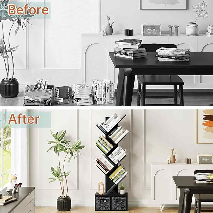 Vagusicc 6 Tier Tree Bookshelf - Modern Shelf Floor Standing Bookcase with Baskets, Tall Wood Book Storage Rack for Books/CDs, Tree Utility Book Organizer Shelves for Living Room, Home Office, Bedroom - LeafyLoom