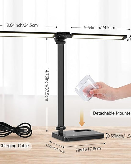 LED Desk Lamp for Home Office - Dual Swing Arm Desk Light with USB Charging Port,Eye-Caring Foldable 5 Color Modes 10 Brightness Levels Dimmable Desk Lamp for College Dorm Room (Black) - LeafyLoom