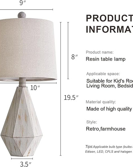 PoKat 20.25" Rustic Table Lamp Set of 2 for Bedroom Living Room Vintage Retro Traditional Nightstand Bedside Lamps Kids Room Study Room Office with Linen Shade, Suitable for Small Place - LeafyLoom