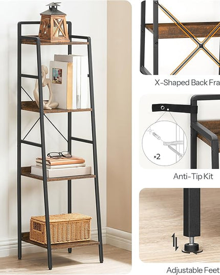 HOOBRO Bookcase, 4-Tier Narrow Bookshelf, Industrial Ladder Shelf, Skinny Bookshelf for Small Spaces, Corner Storage Shelf for Home Office, Living Room, Rustic Brown and Black BF34SJ01 - LeafyLoom