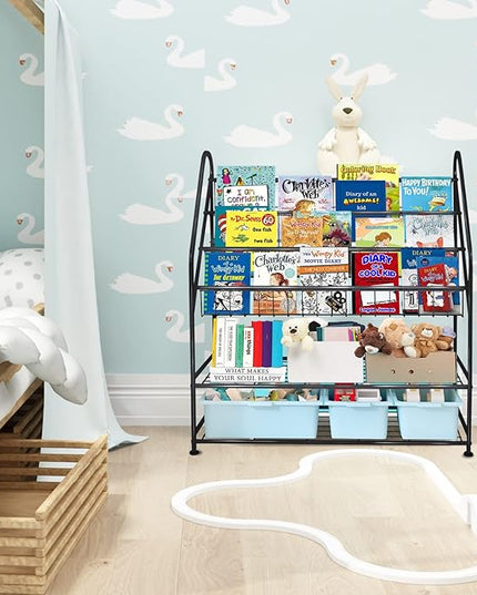 aboxoo Metal Kids Bookshelf Black Large Freestanding for Children Room 32 in Toy Organizer Large Stable Bookcase Bookstore Library Book Unit Storage Kids Bed Living Room - LeafyLoom