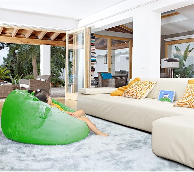 Bean Bag Chair Cover, Stuffed Animal Storage, Plush Toys Organizer Holder, Beanbag Chairs Cover for Kids Teans and Adults Super Soft and Comfortable Fabric X-Large with Handle and Zipper -Round Green - LeafyLoom