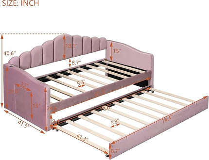 Twin Size Upholstered Daybed with Trundle and Striped Headboard, Velvet Sofa Bed w/USB Charging Ports & Side Pockets, for Bedroom Living Room, No Box-spring Needed, Pink - LeafyLoom