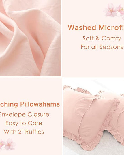 Shabby Ruffled King Comforter Set,Farmhouse Blush Pink Bedding Comforter Lightweight Ultra Soft Vintage French Country Microfiber Comforter 3pc (1 Ruffle Comforter and 2 Pillowcases) - LeafyLoom