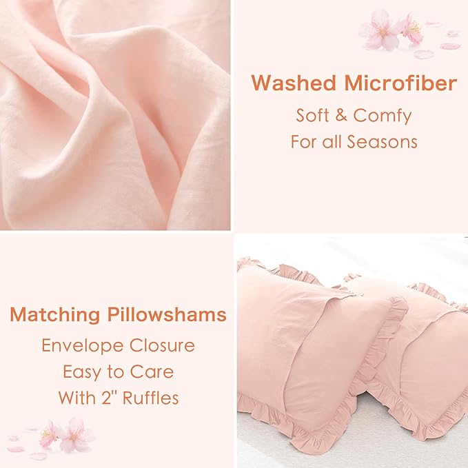 Shabby Ruffled King Comforter Set,Farmhouse Blush Pink Bedding Comforter Lightweight Ultra Soft Vintage French Country Microfiber Comforter 3pc (1 Ruffle Comforter and 2 Pillowcases) - LeafyLoom