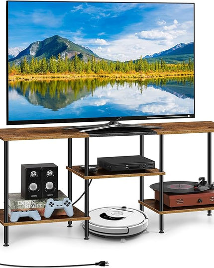 TV Stand for Bedroom 50 Inch TV Stand with Power Outlet 3 Tier Entertainment Center with Storage TV Console Table for 50 43 40 32 Inch TV, Rustic Brown - LeafyLoom