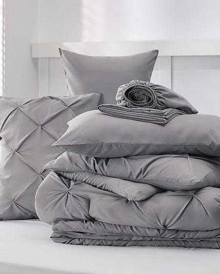 Bedsure California King Comforter Set - Cal King Bed Set 7 Pieces, Pinch Pleat Grey Cali King Bedding Set with Comforter, Sheets, Pillowcases & Shams - LeafyLoom