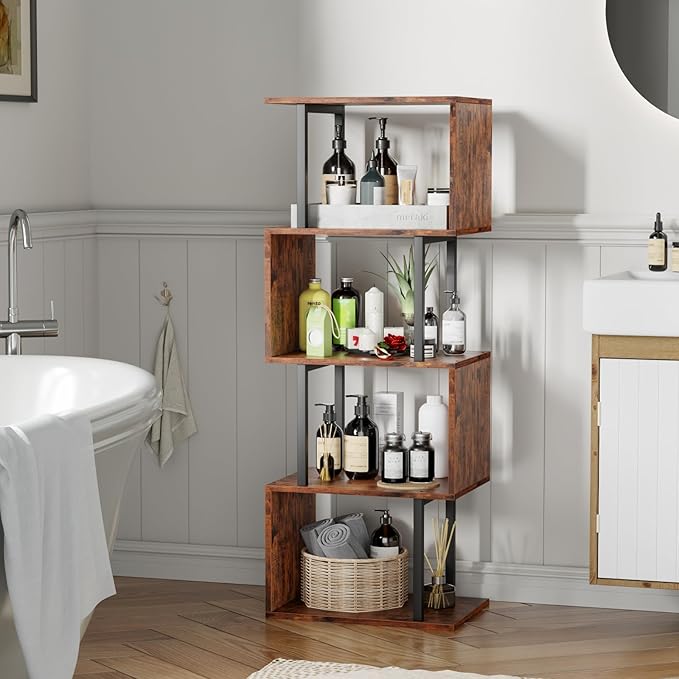 Furologee 5-Tier Bookshelf, S-Shaped Geometric Bookcase, Narrow Freestanding Display Shelves, Modern Wood Decorative Storage Shelving Rack for Bedroom, Living Room, Home Office, Rustic Brown - LeafyLoom